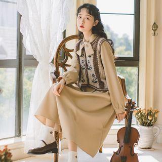 Set: Long-sleeve Midi A-line Dress + Embroidered Knit Vest