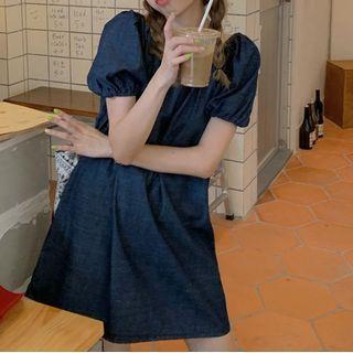 Puff-sleeve Denim Mini A-line Dress Blue - One Size