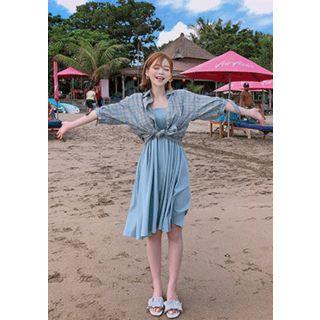 Set: Tie-sleeve Plaid Shirt + Smocked Tube Dress