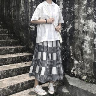 Elbow-sleeve Shirt / Plaid Midi A-line Skirt