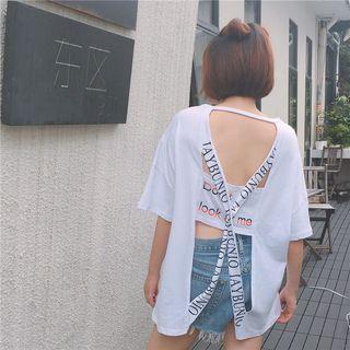 Lettering Short-sleeve Open Back T-shirt