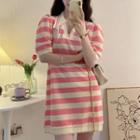Short-sleeve V-neck Striped Mini Dress