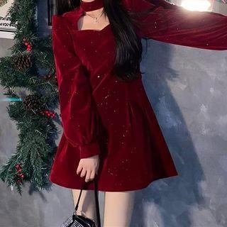 Long-sleeve Mock-neck Velvet Mini A-line Dress