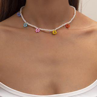 Flower Beaded Necklace 1 Pc - 4148 - Gold - One Size