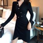 Long-sleeve Asymmetric Buttoned Slim Dress Black - One Size