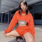 Long-sleeve Lettering Embroidered Cropped Sweatshirt / Wide Leg Sweatshorts / Set