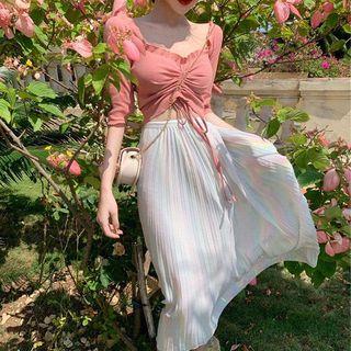 Puff-sleeve Ruffled Drawstring Top / High-waist Pleated Maxi Skirt
