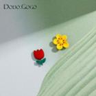 Asymmetrical Flower Stud Earring 1 Pair - Asymmetric - Yellow & Red - One Size