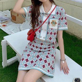 Set: Short-sleeve Jacquard Knit Top + Mini A-line Skirt