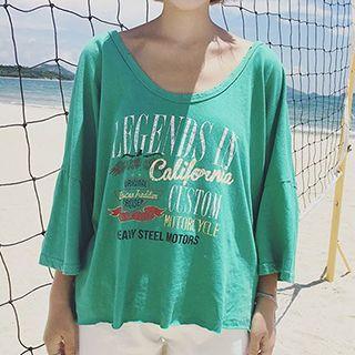 Print 3/4-sleeve Cutout T-shirt
