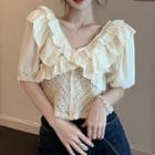 Puff-sleeve Frill Trim Knit Panel Blouse