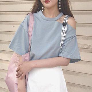 Lettering Strap Cut Out Shoulder Elbow Sleeve T-shirt