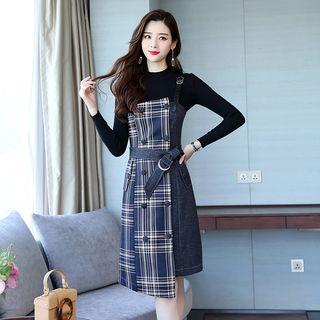 Set: Long-sleeve Knit Top + Plaid Panel Double-breasted Pinafore Dress
