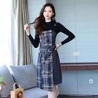 Set: Long-sleeve Knit Top + Plaid Panel Double-breasted Pinafore Dress