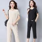 Set: Lettering Applique Short Sleeve T-shirt + Cropped Pants