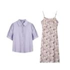 Plain Short Sleeve Shirt/floral Chiffon A-line Dress