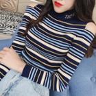 Mock-turtleneck Cold Shoulder Striped Knit Top