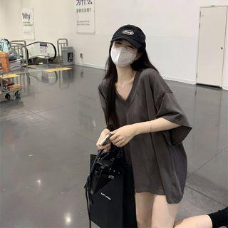 Elbow-sleeve V-neck Oversized T-shirt Gray - One Size