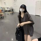 Elbow-sleeve V-neck Oversized T-shirt Gray - One Size