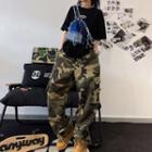 Camouflage Cargo Pants / Short-sleeve Lettering T-shirt / Denim Camisole Top