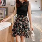 Sleeveless Lace Top / Leaf Print Ruffle Mini Pencil Skirt