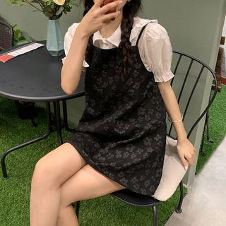 Puff-sleeve Ruffled Blouse / Floral Embroidered Overall Dress