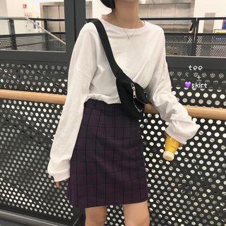 Long-sleeve T-shirt / Plaid Mini Skirt
