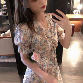Puff-sleeve V-neck Floral Chiffon Dress (various Designs)