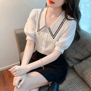 Puff-sleeve Collar Contrast Trim Chiffon Blouse