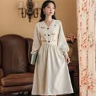Long-sleeve Floral Embroidered Knit Panel Midi A-line Dress