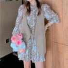 Long-sleeve Printed Tie-neck Mini A-line Dress / Open-front Vest