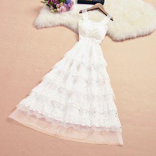 Lace Trim Sleeveless Tiered Maxi Dress