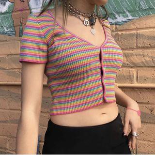 Short-sleeve Striped Button-up Cropped Knit Top