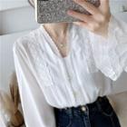 Bell-sleeve Lace Trim Crochet Blouse