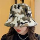 Camouflage Faux Shearling Bucket Hat Camouflage - White & Army Green & Brown - One Size