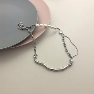 Layered Faux Pearl Rhinestone Necklace Silver - One Size