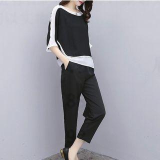 Set: Elbow-sleeve Two-tone Top + Straight Leg Pants