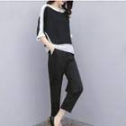 Set: Elbow-sleeve Two-tone Top + Straight Leg Pants