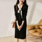 Long-sleeve Neck Tie A-line Dress Black - One Size