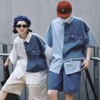 Elbow-sleeve Distressed Denim Panel Shirt