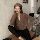 V-neck Cropped Cardigan Coffee - One Size