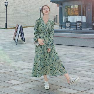 Long-sleeve V-neck Tie-dye Midi A-line Dress
