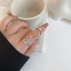 Feather Rhinestone Chained Ring Set - Silver - One Size