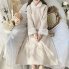 Set: Fleece Trim Coat + Midi A-line Skirt