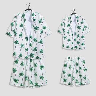 Set: Short-sleeve Palm Tree Print Hawaiian Shirt + Shorts