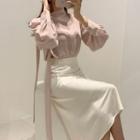 Lantern-sleeve Blouse / Mid A-line Skirt