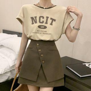 Short-sleeve Lettering T-shirt / Mock Two-piece Mini A-line Skirt