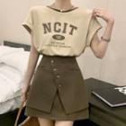 Short-sleeve Lettering T-shirt / Mock Two-piece Mini A-line Skirt