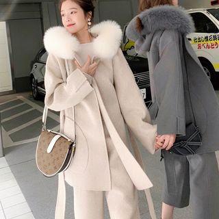 Faux-fur Trim Hooded Coat / Cropped Pants