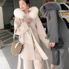 Faux-fur Trim Hooded Coat / Cropped Pants